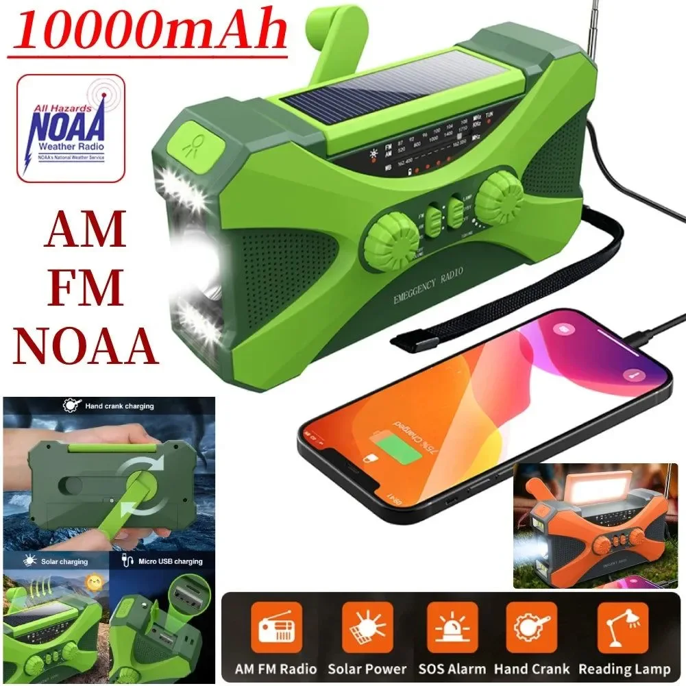 Green Multifunctional Hand Crank Solar Weather Radio with AM FM WB USB Charging LED Flashlight and Power Bank 10000mAh High-End