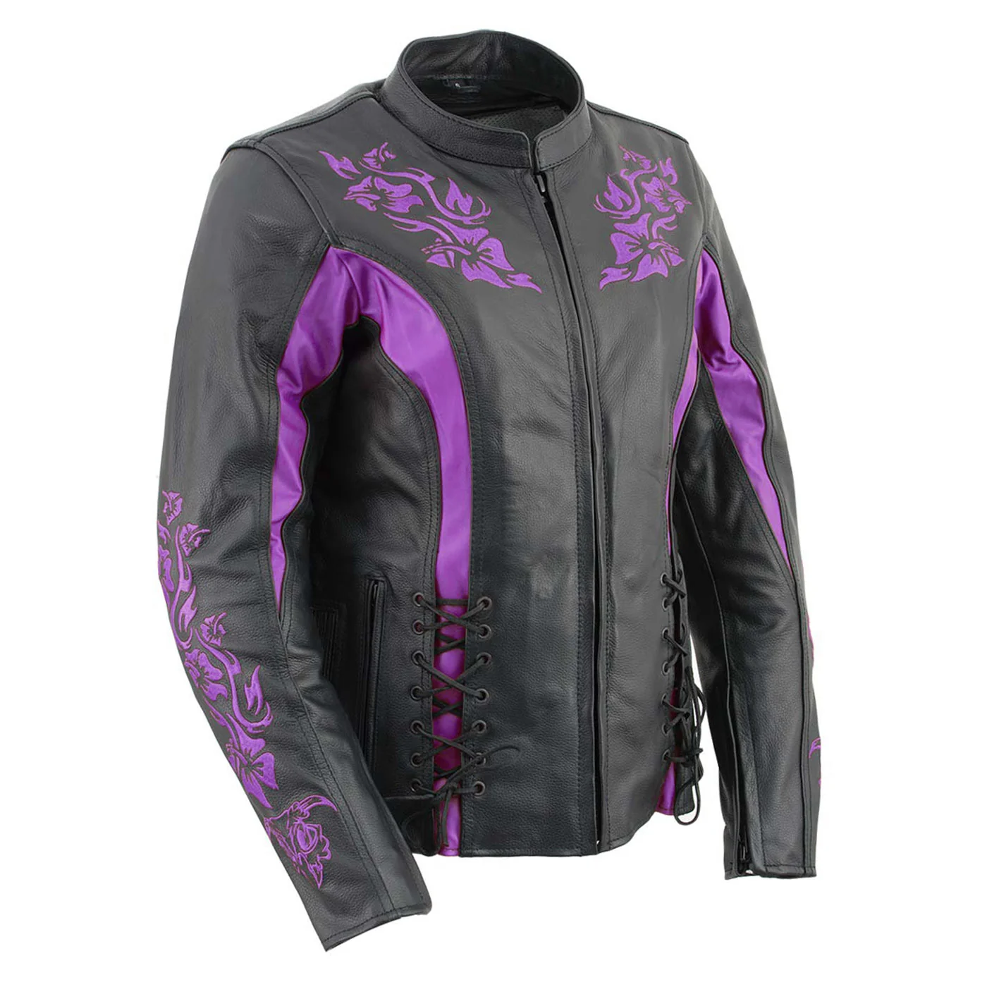 Casual Milwaukee Leather LKL27002 Women's Premium Black and Purple Leather Embroidered Jacket with CE Armor Protection World-Class