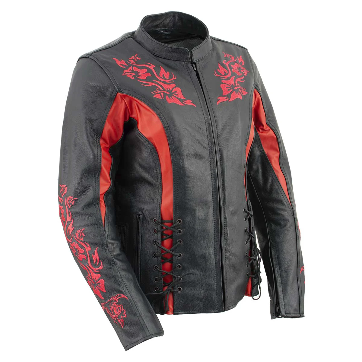 Original Milwaukee Leather LKL27003 Women's Premium Black and Red Leather Embroidered Jacket with CE Armor Protection Luxury