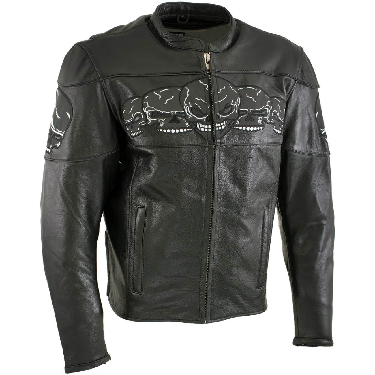 World-Class Milwaukee Leather LKM17011 Men's 3 Skull Head Premium Black Leather Motorcycle Jacket with CE Armor Refined