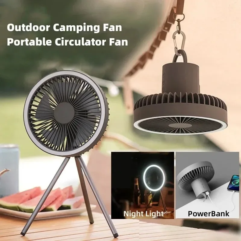 Minimalist Camping Fan 10000mAh Rechargeable Desktop Portable Air Circulator - Wireless Ceiling Electric Fan with Power Bank LED Light Tripod Breathable