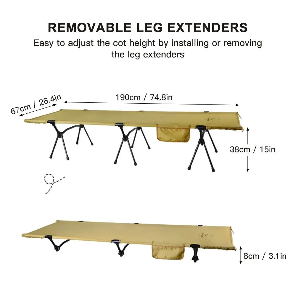 Official Folding Camping Cot with Leg Extenders – 7075 Aluminium Frame 900D Oxford Fabric Adjustable Height for Camping Hiking Travel Clean