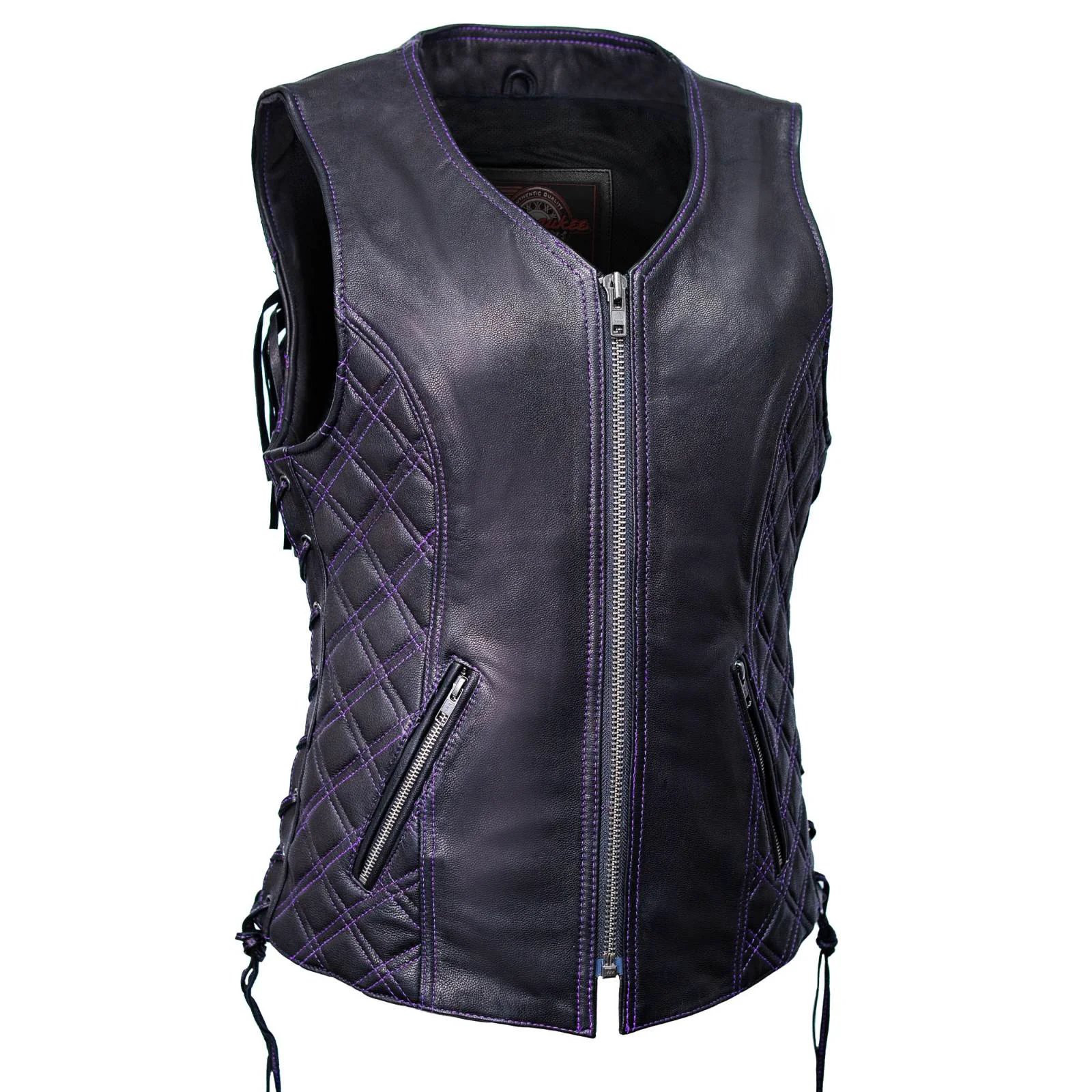 Effective MMCC Women's Low Key Black Purple Leather Motorcycle Vest - MMC40006 Soft