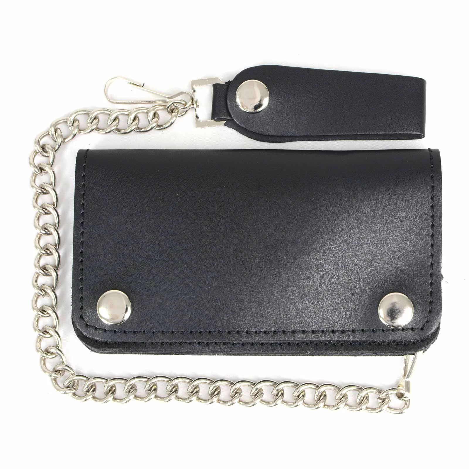 Refined Milwaukee Leather MLW7802 Men's Classic Black Leather Chrome Snap Button Biker Wallet with Steel Chain Elite