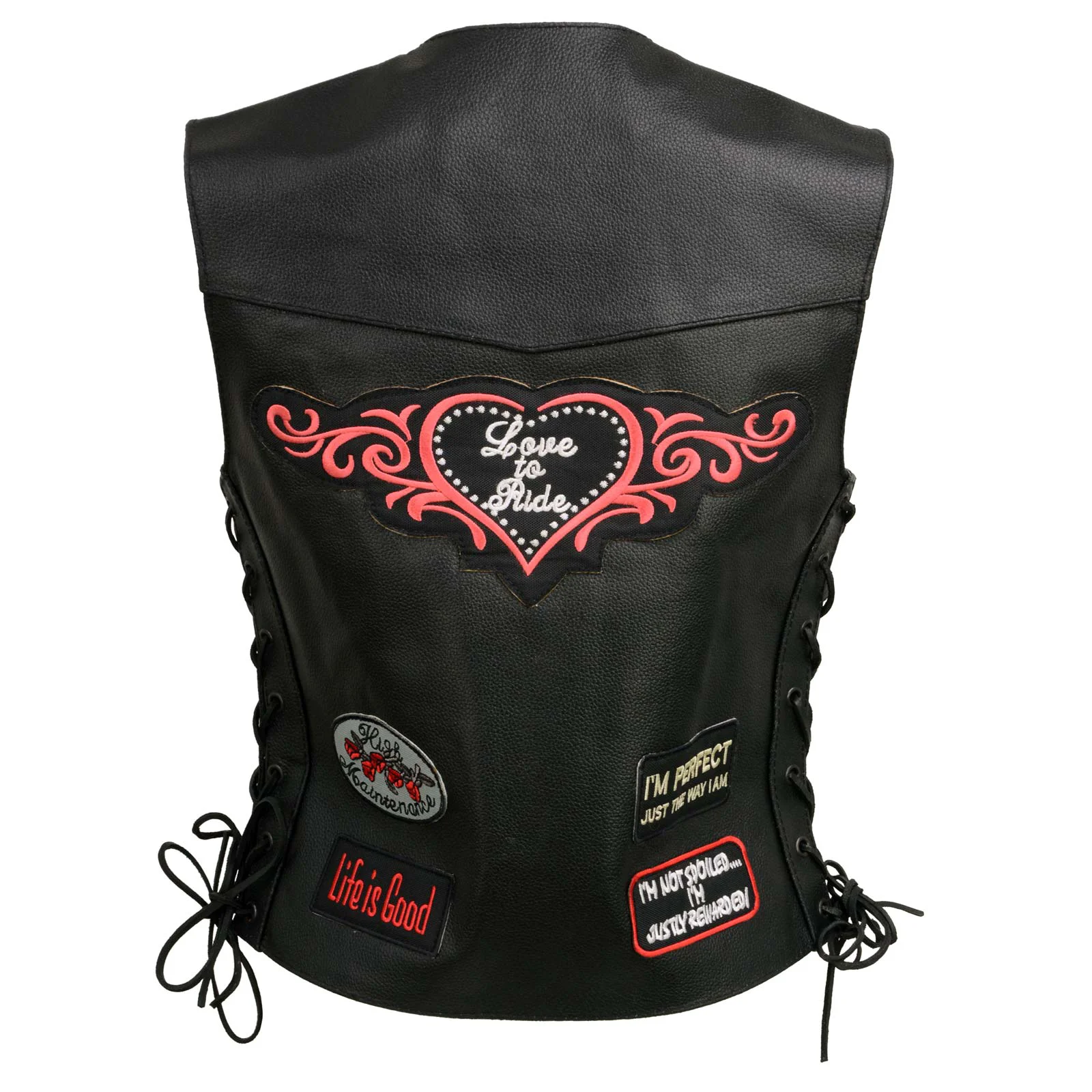 Innovative Event Leather ELL4900 Women's Classic Black Leather Side Laced Motorcycle Riders Vest w 9 Patches Lightweight