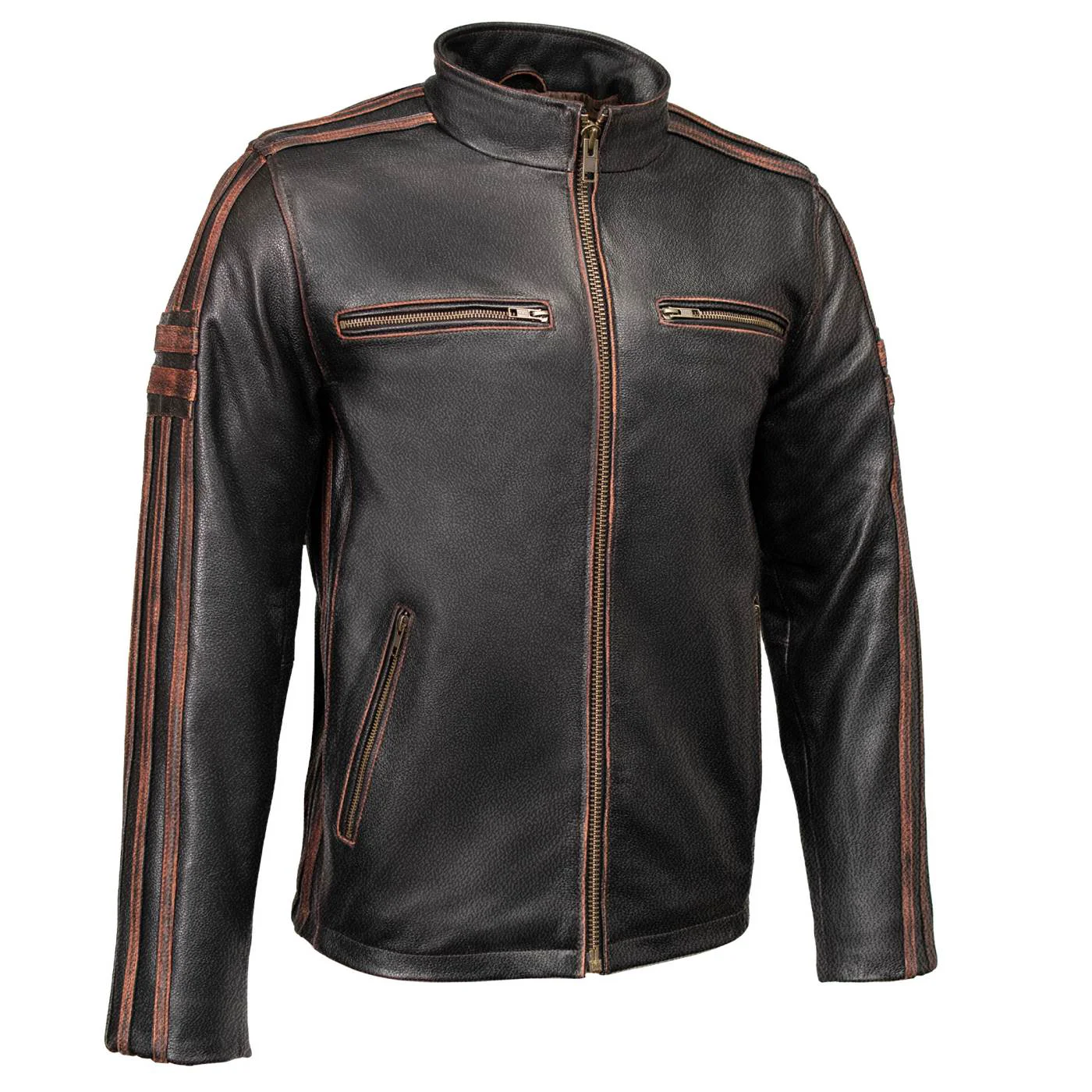 Long-Lasting Milwaukee Leather Men s Copperline Black Leather Moto Café Racer Jacket Stand Collar 6 Pockets - SFM1816 Consistent