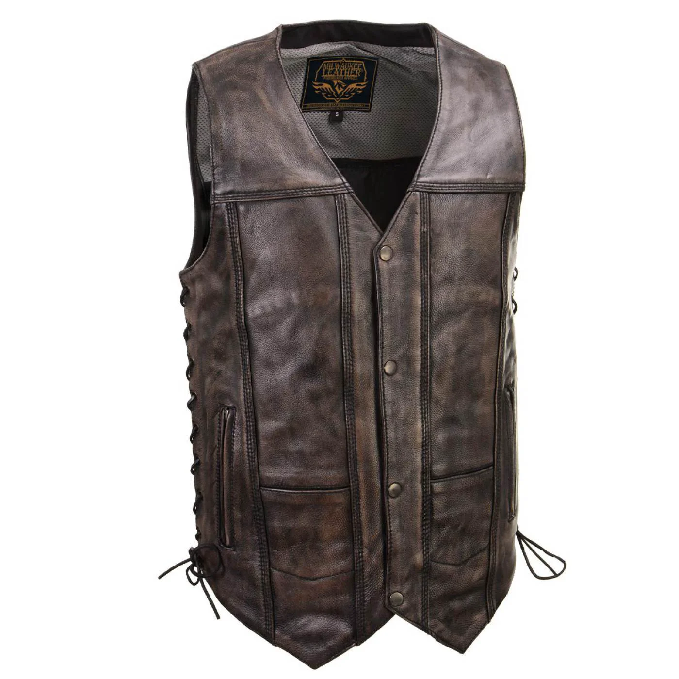 Contemporary Milwaukee Leather Men's Wreck Distressed Brown Leather Motorcycle Vest - LKM3795 Detailed