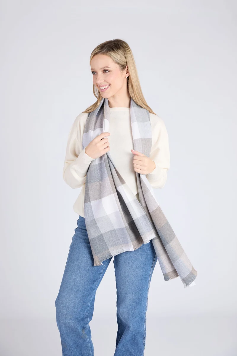 Natural Foxford Mink Block Check Extra-Fine Merino Scarf Relaxed
