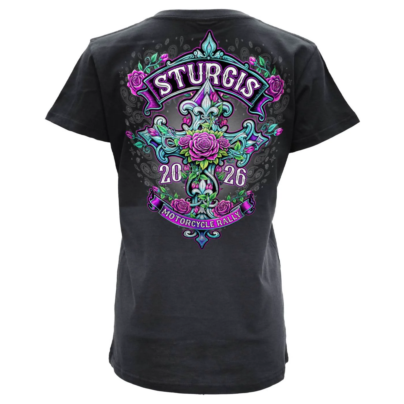 Premium 2026 Ladies Sturgis Motorcycle Rally Cross de Lis Black Short Sleeve V-Neck T-Shirt - SPL1939 Minimalist