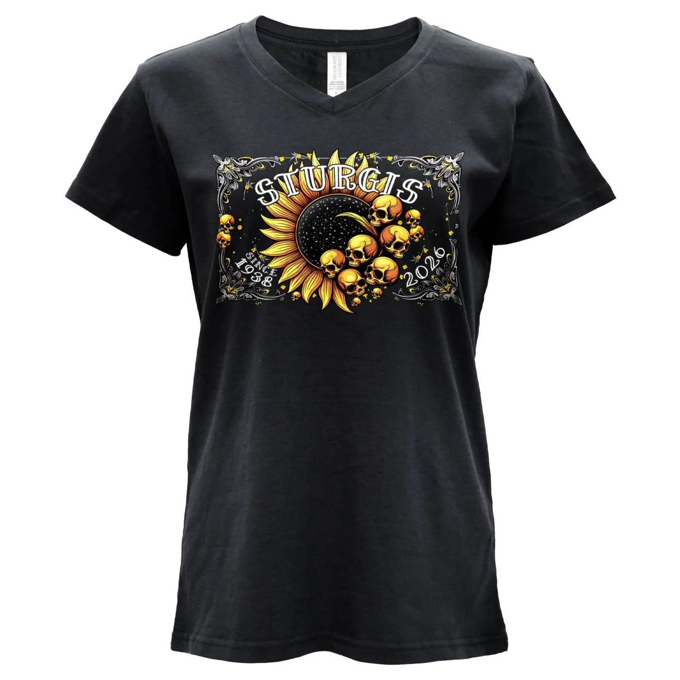 Professional 2026 Ladies Sturgis Motorcycle Rally Cosmic Flowers Black Short Sleeve V-Neck T-Shirt - SPL1937 World-Class