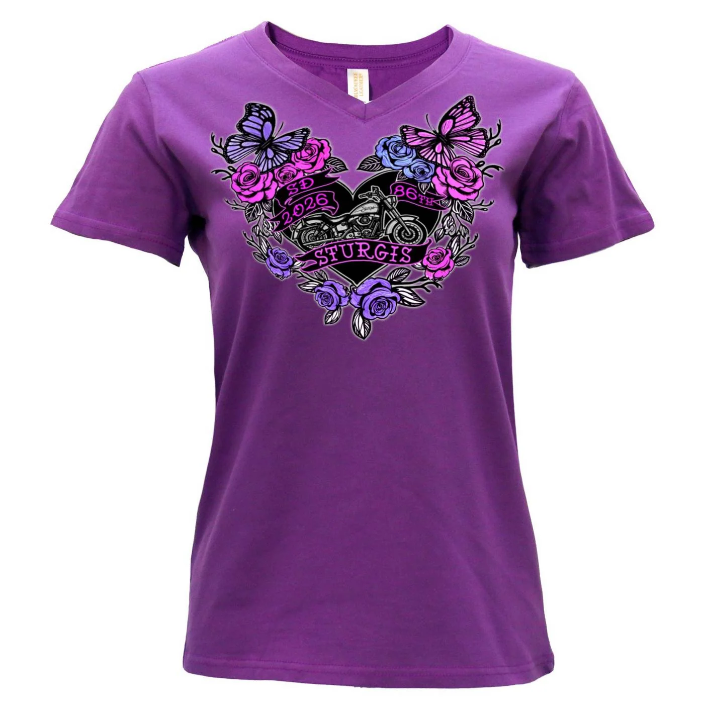 Versatile 2026 Ladies Sturgis Motorcycle Rally Butterflies and Roses Purple Short Sleeve V-Neck T-Shirt - SPL1936 Powerful