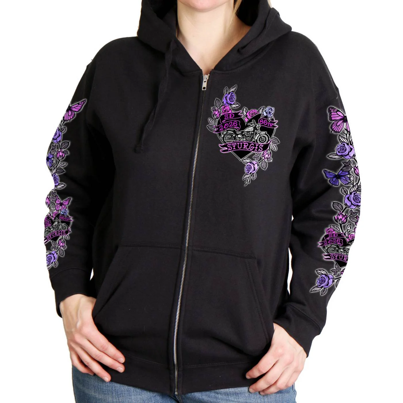 Sustainable 2026 Ladies Sturgis Motorcycle Rally Butterflies and Roses Black Zip-Up Hoodie - SPL4891 High-Quality