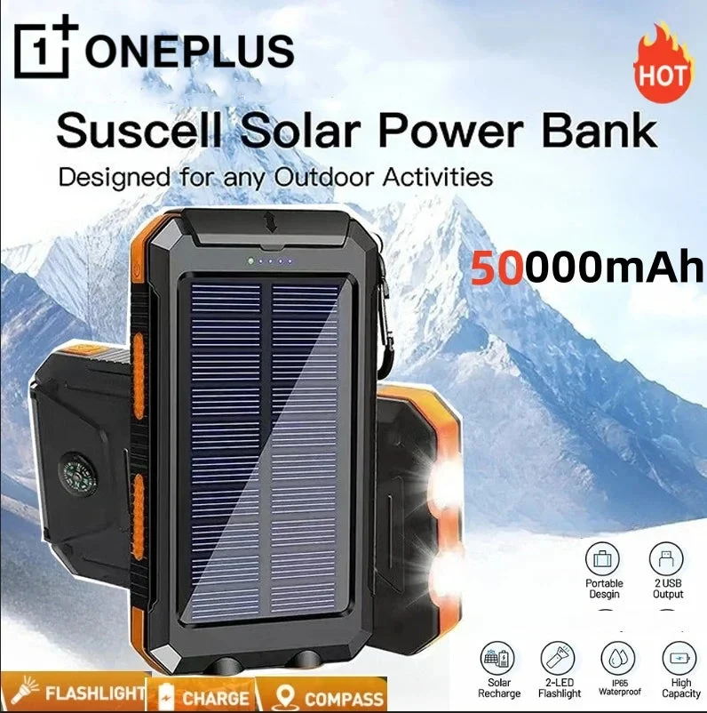 Modern 50000mAh Solar Power Bank – Portable Fast Charging External Battery with LED Flashlight Digital Display Fine Crafted