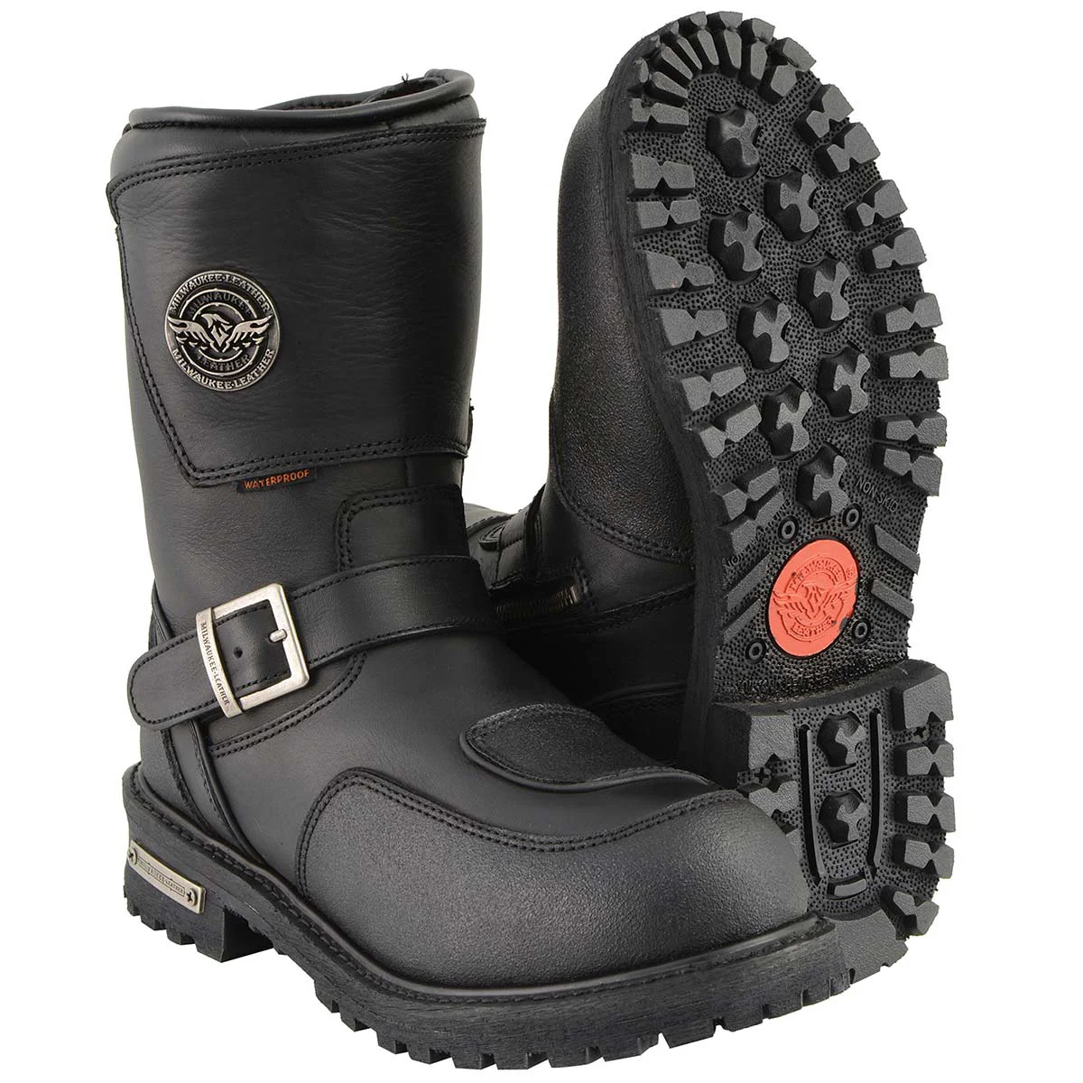 Eco-Friendly Milwaukee Leather Men's Black Wide Width 9-inch Waterproof Engineer Leather Biker Boots with Reflective Piping MBM9071WP Exclusive