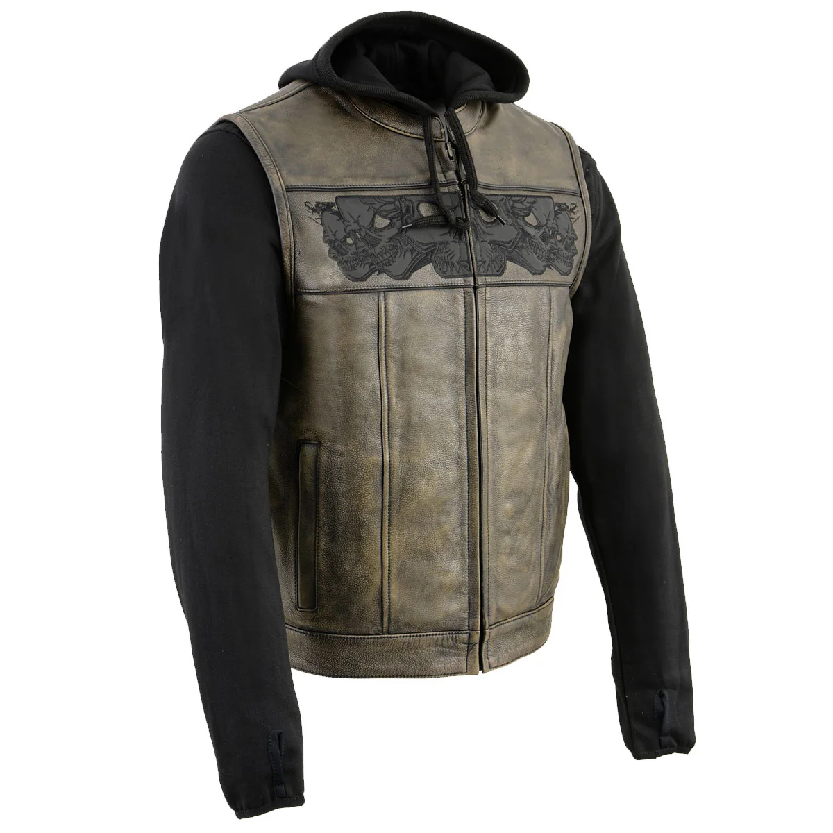 Fast Milwaukee Leather MLM3561 Men's Hell Raiser 2 in 1 Distress Brown Leather Vest w Removeable Hoodie - Reflective Skull Artwork Efficient
