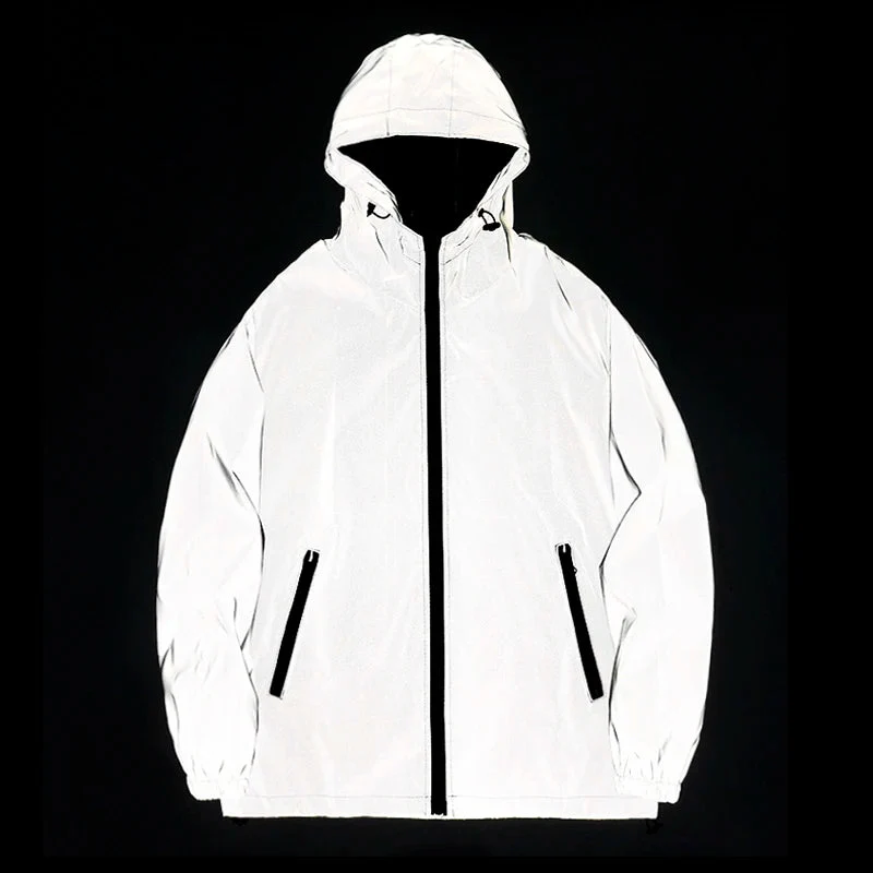 Premium Material NEW SIZE Night Reflective Jackets Double Fabric Windbreaker Hooded Jacket Men Hip Hop Dancer Waterproof Zipper Coats Outwear SPECIFICATIONS Advanced