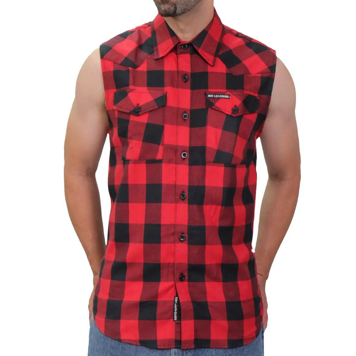 High-Grade Hot Leathers FLM5001 Men s Black and Red Sleeveless Cotton Flannel Shirt Crafted