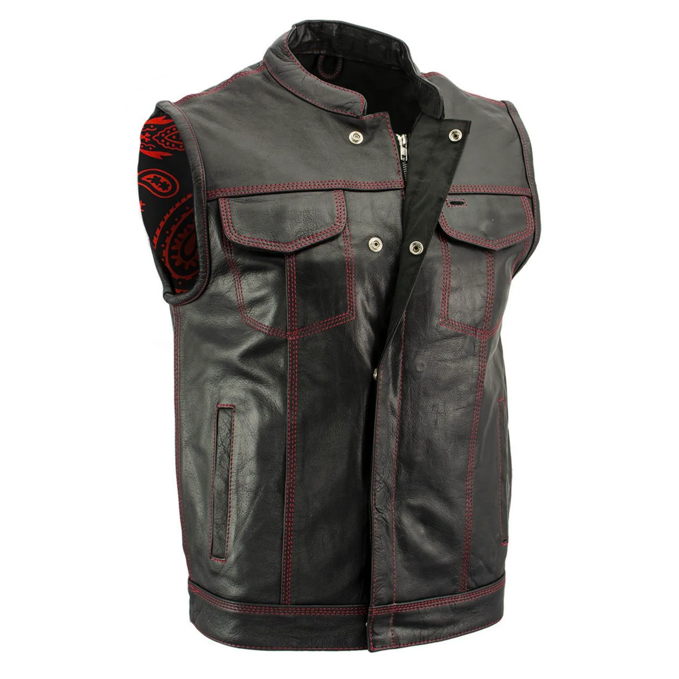 World-Class Milwaukee Leather Men's Redline Ledger Club‑Style Motorcycle Premium Leather Vest w Red Stitching LKM3788 Quality