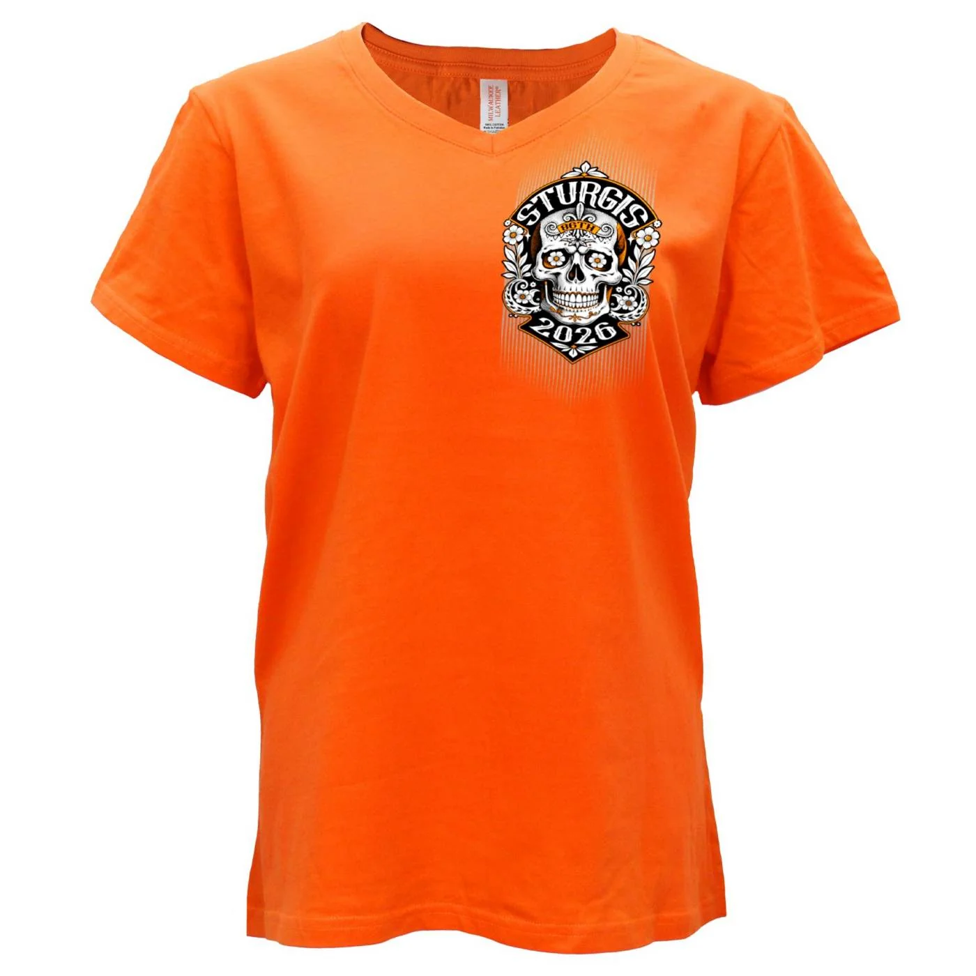 Sustainable 2026 Ladies Sturgis Motorcycle Rally Sugar Skull Orange Short Sleeve V-Neck T-Shirt - SPL1950 Official