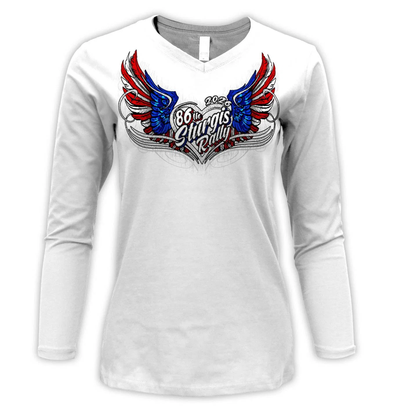 Natural 2026 Ladies Sturgis Motorcycle Rally Flag Heart Angel White Long Sleeve Shirt - SPL3900 Breathable