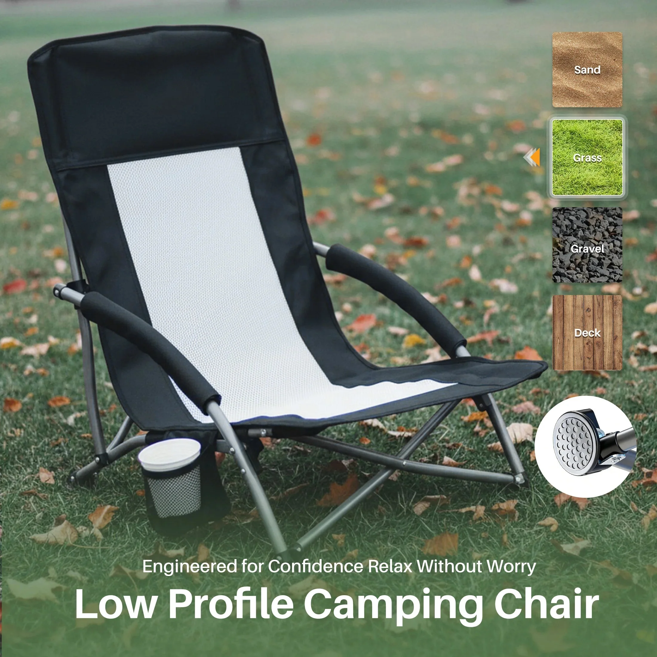 Quality JHK Portable Low Folding Beach Chair – Mesh Back Padded Armrests Cup Holder Storage Pocket for Beach Camp Picnic User-Friendly