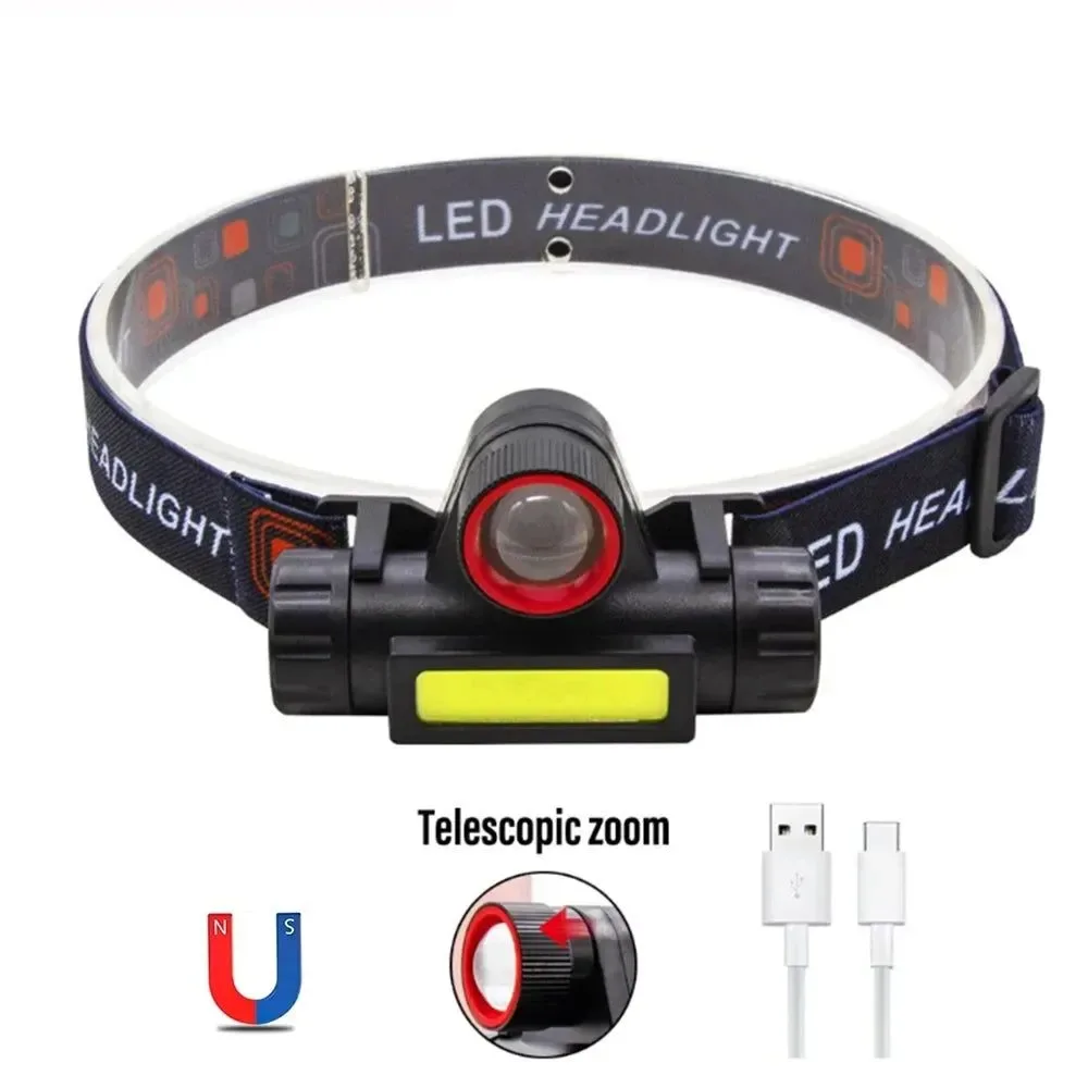 Versatile Linterna frontal LED recargable e impermeable linterna superbrillante con perlas XPE COB dos fuentes de luz e imán. Recyclable