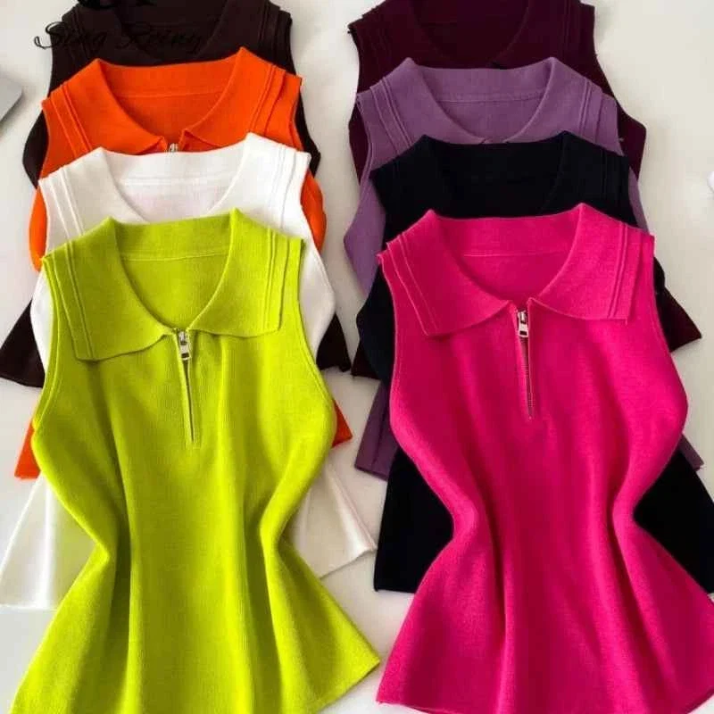 Responsible Colorful Zip-Up Collar Knit Tops by Sing Reiny Recyclable