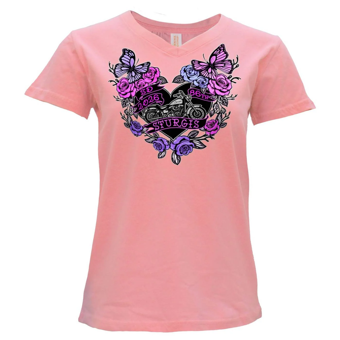 Genuine 2026 Ladies Sturgis Motorcycle Rally Butterflies and Roses Pink Short Sleeve V-Neck T-Shirt - SPL1935 User-Friendly