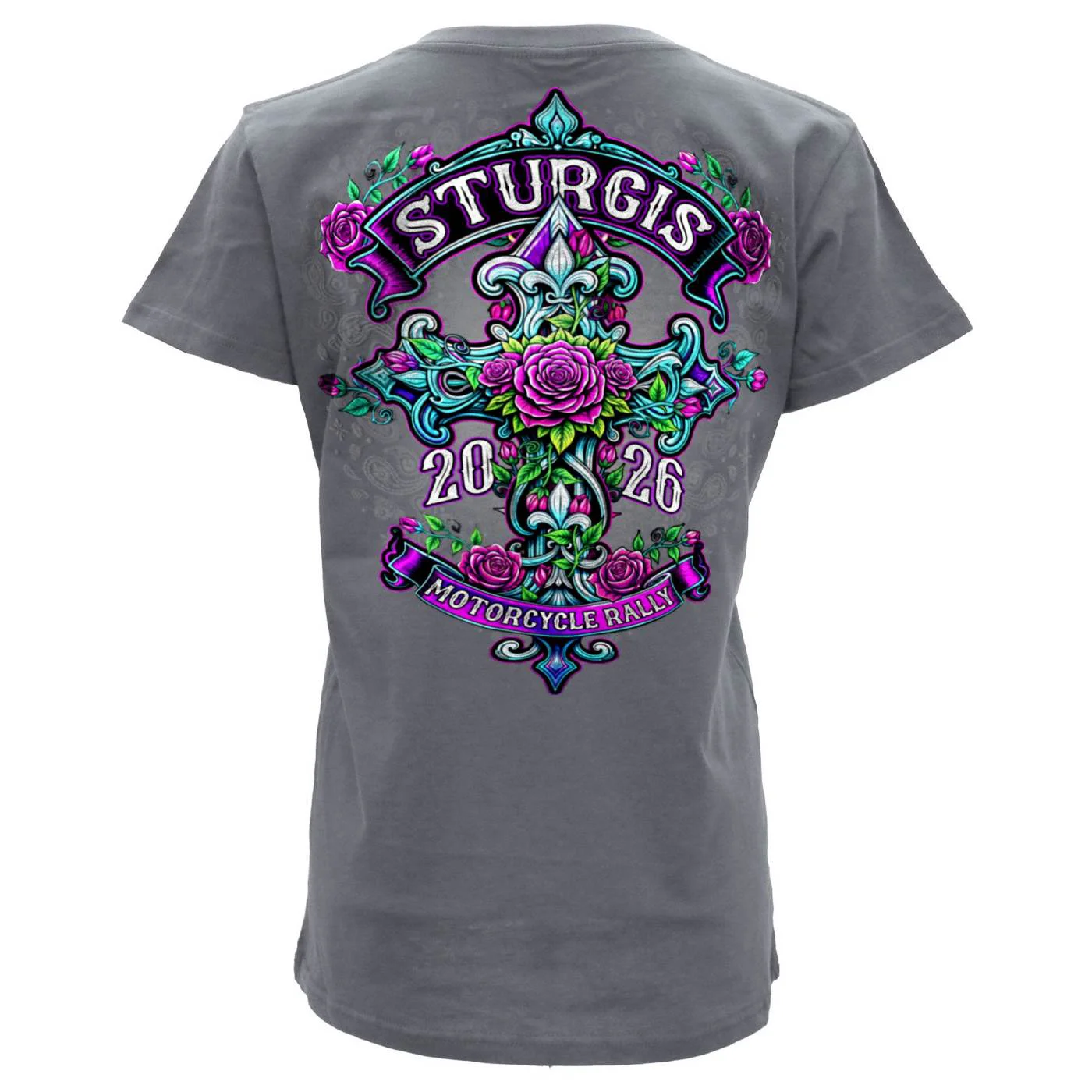 Elegant 2026 Ladies Sturgis Motorcycle Rally Cross de Lis Gray Short Sleeve V-Neck T-Shirt - SPL1940 Sustainable