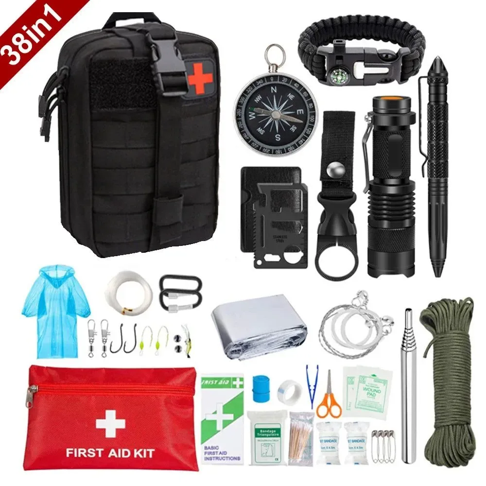 Breathable Botiquín de primeros auxilios de supervivencia 38 en 1 equipo de emergencia Molle de grado militar para acampar hacer senderismo y disfrutar de la aventura. Green