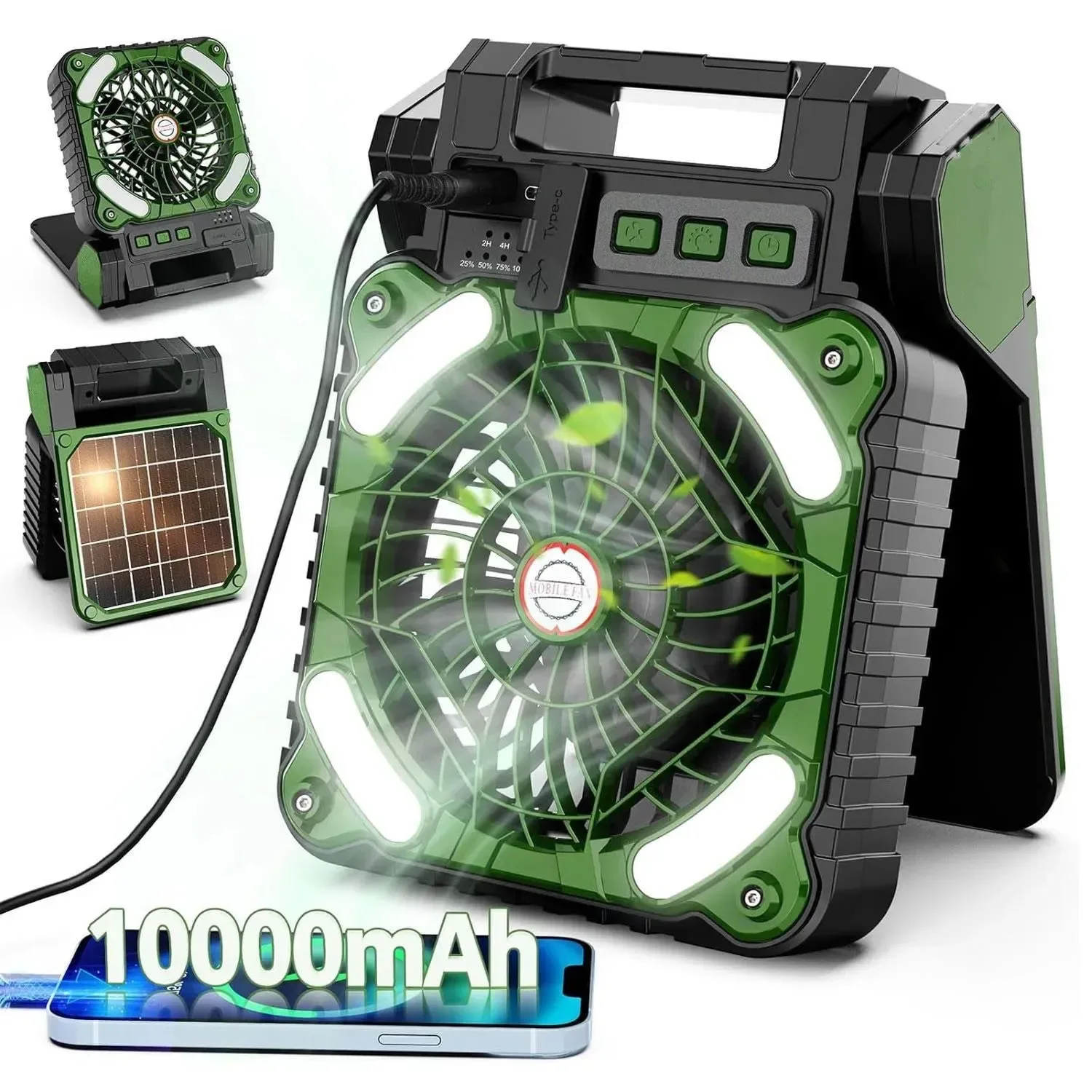 Organic Linterna LED portátil para acampar con energía solar de 10000 mAh y ventilador 4 velocidades de viento potente batería recargable plegable a 90°. Genuine