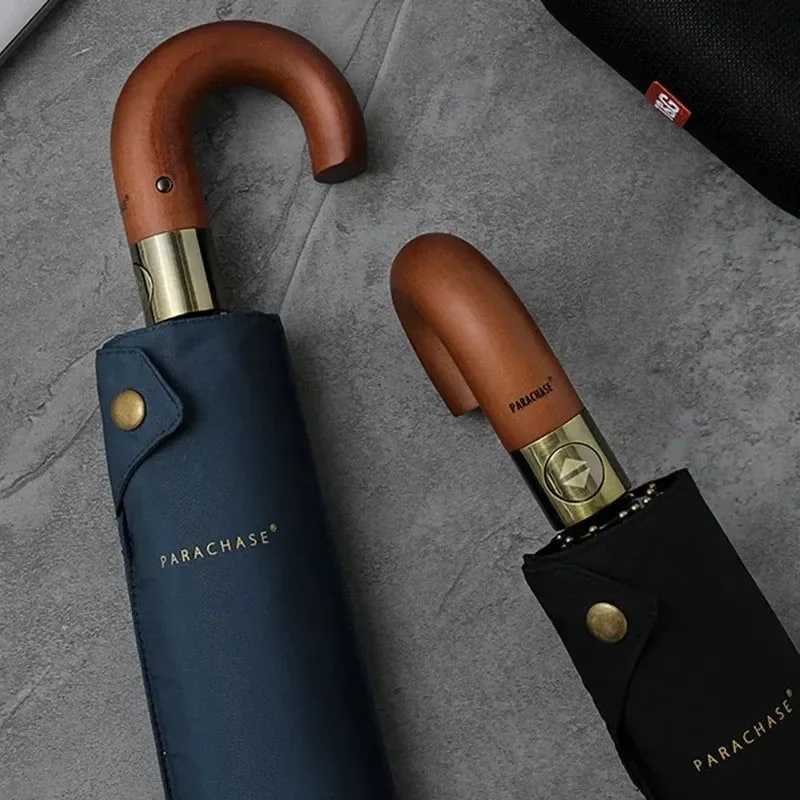 Official Paraguas de golf plegable y automático de lujo de madera resistente al viento con 10 varillas - Parachase Luxury