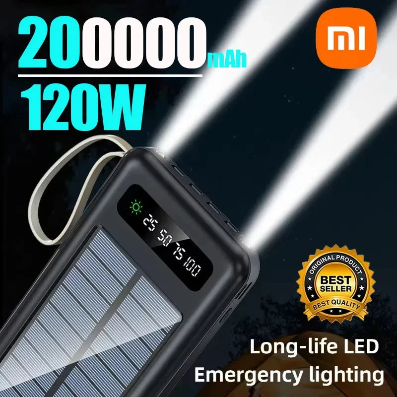 Responsible 200000mAh Solar Power Bank – Ultra High Capacity Fast Charging Portable Charger with Built-in Cables LED Light Environmentally Friendly