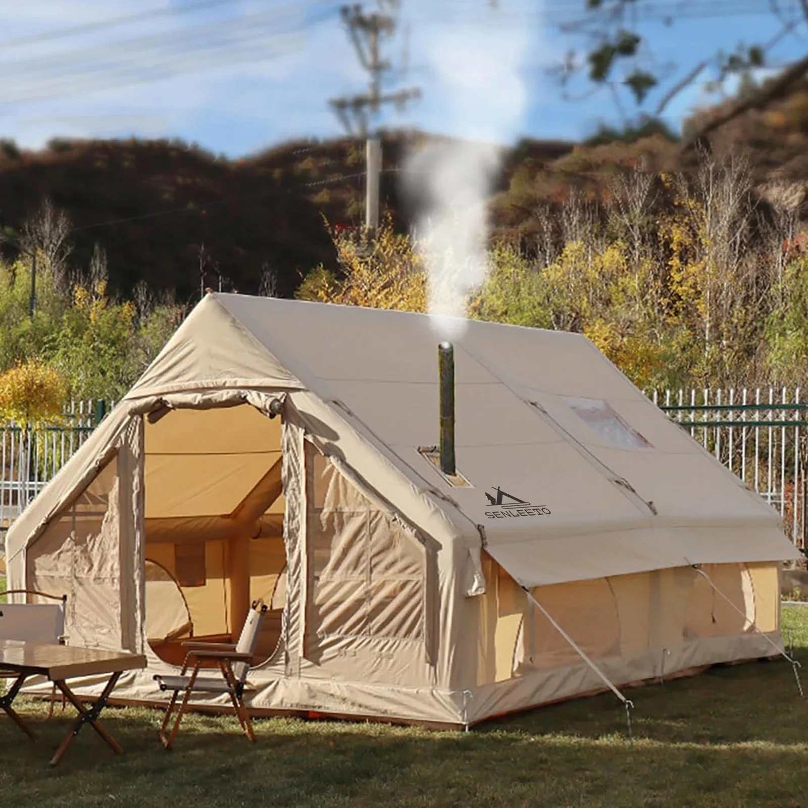 Carefully Designed SENLEETO Portable Inflatable Camping Tent – 2 to 8 Person 420D Oxford 4-Season Blow-Up Tent with Skylight Stove Jack AC Vent Expertly Made