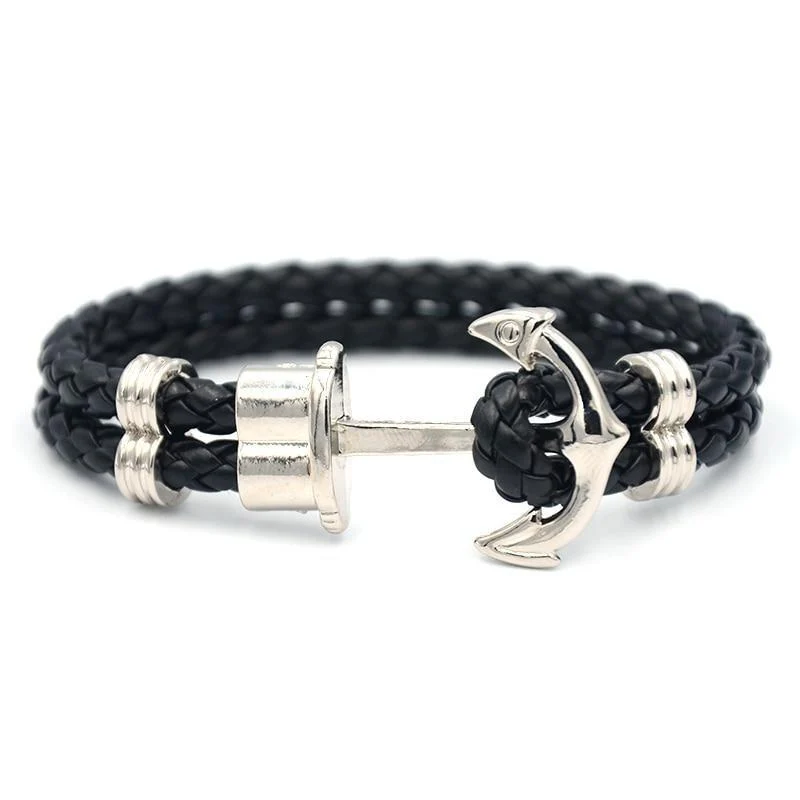 Traditional Oliver Ancla de plata pulsera de cuero trenzado Contemporary