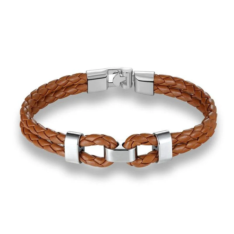 Sophisticated Pulsera de cuero trenzado con doble grillete de plata mate Reusable