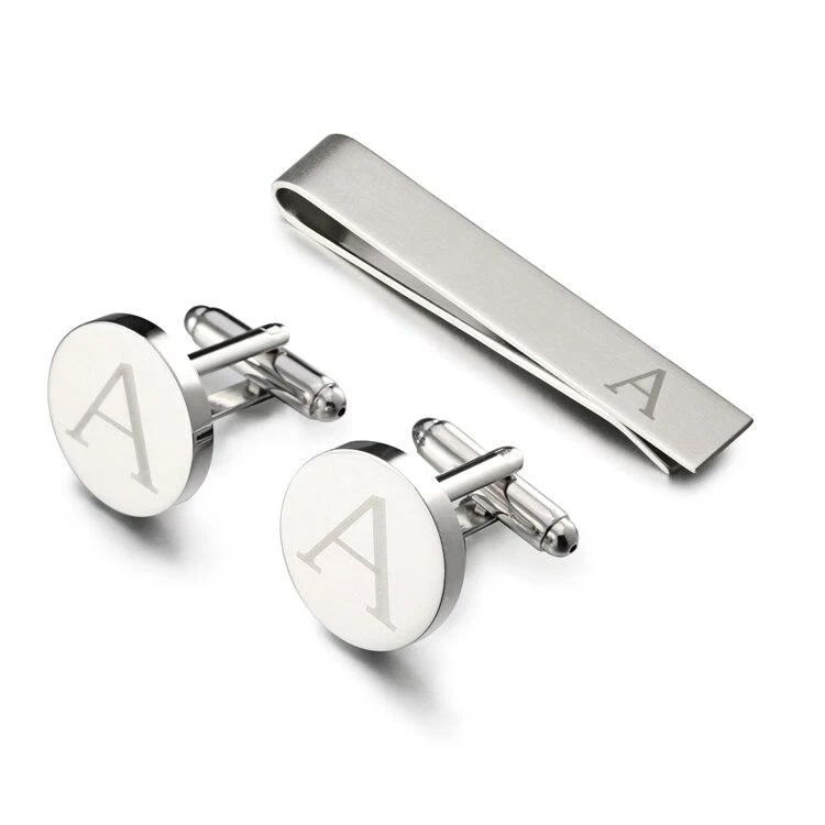 Fine Set de gemelos y pasador de corbata personalizados con monograma Genuine