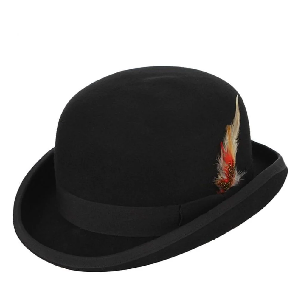 Secure Wool Felt Black Bowler Hat With Feather Carefully Designed