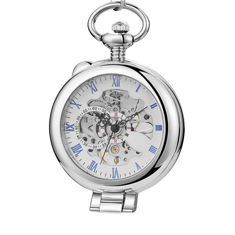 Prestigious Olaf Orkina Mechanical Skeleton Pocket Watch Silver Detailed