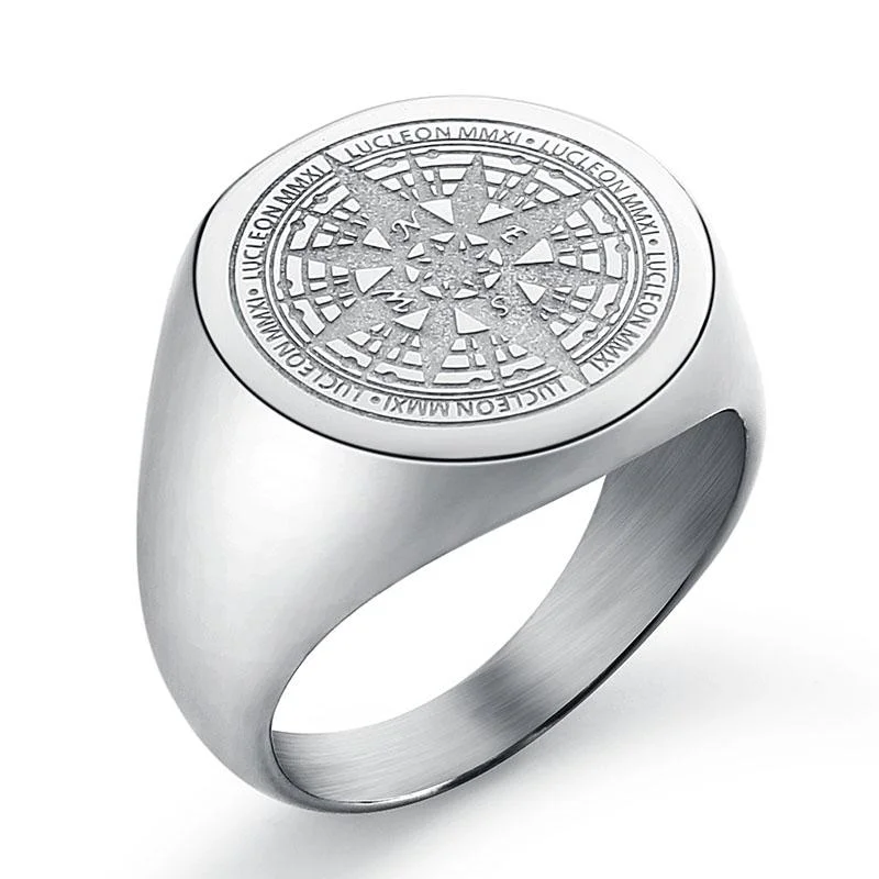 Verified Compass Stainless Steel Signet Ring Convenient