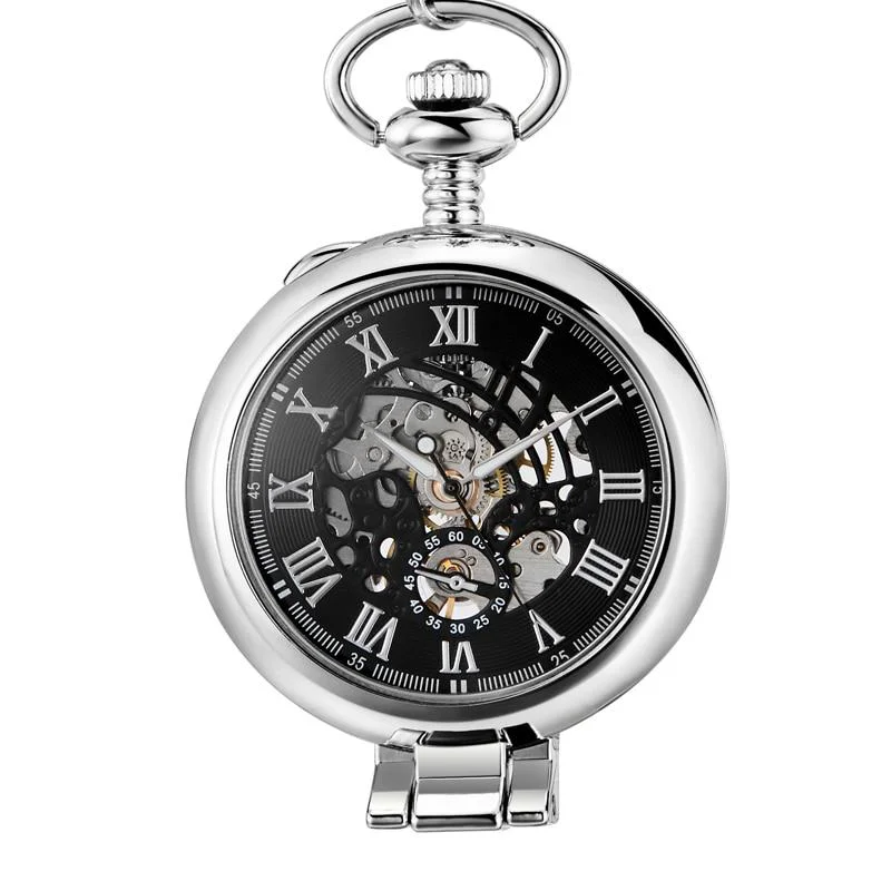 Practical Olaf Orkina Mechanical Skeleton Pocket Watch Silver Secure