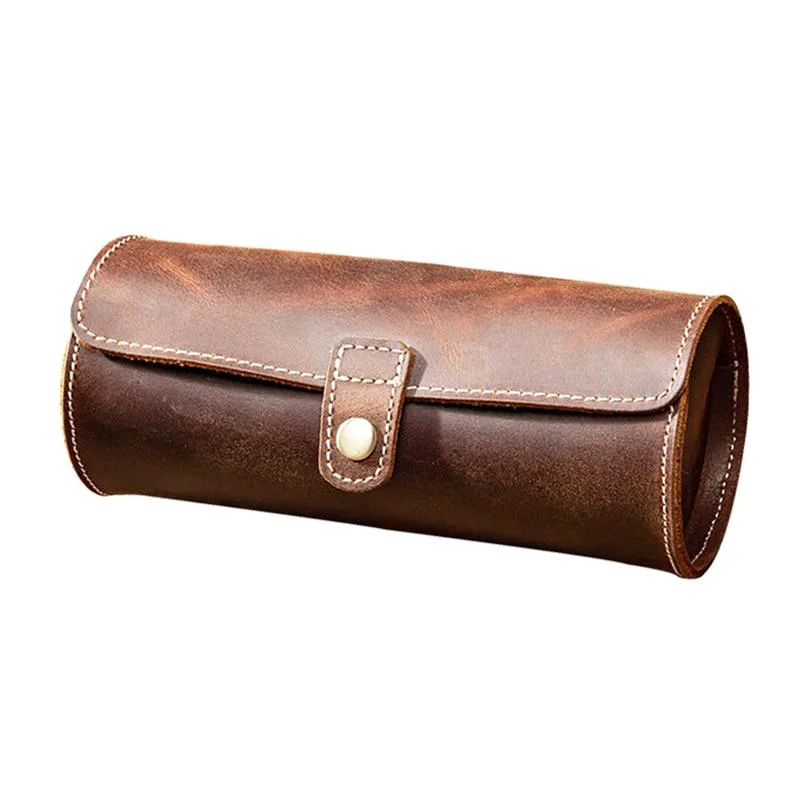 Practical Clement Handstitched Leather Watch Roll Portable Case 2-3 Slots Dependable