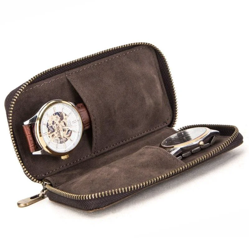 High-Grade Ethan Rustic Leather 2 Slot Portable Watch Case Stylish