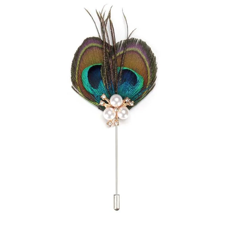 Luxury Peacock Feather With Pearls Lapel Pin Fine