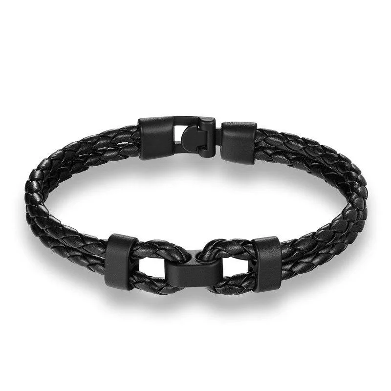 Elite Pulsera de cuero trenzado con doble grillete negro mate High-End