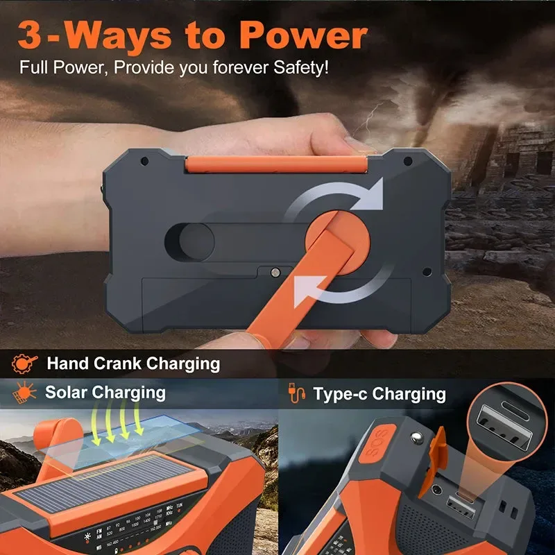 High-Grade Emergency Flashlight Torch 10000mAh Power Bank Rechargeable Radio Hand Crank Solar USB AM FM NOAA Weather Radios Prestigious