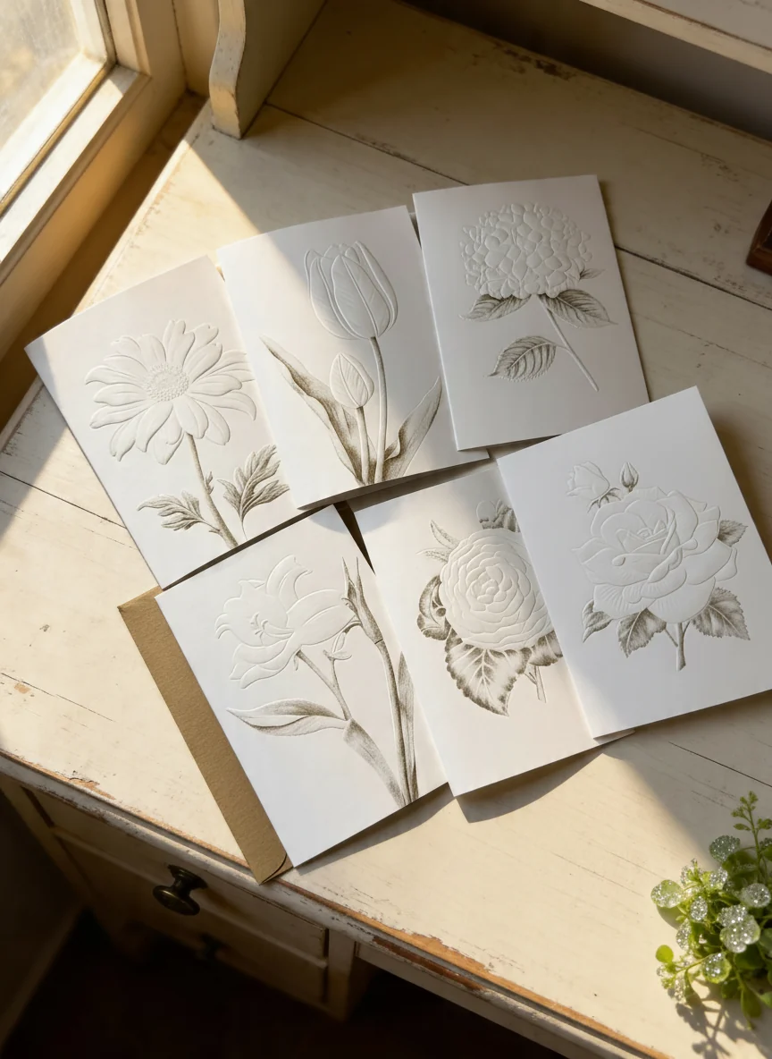 Quality Elegant Floral Embossed Note Card Set Functional
