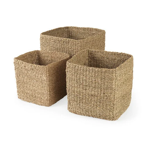 Soft Copenhagen 15.7L x 15.7W x 15.7H Set of 3 Medium Brown Square Twisted Seagrass Square Basket Unique