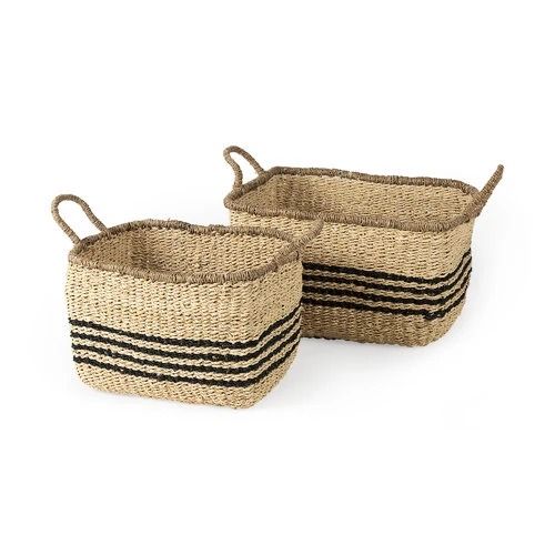 Fashionable Emma 17.3L x 13.0W x 11.0H Set of 2 Light Brown Seagrass Rectangular Basket W Black Stripes Durable