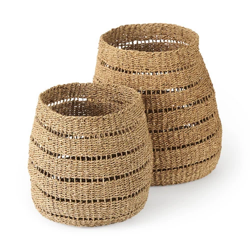 Genuine Hayes 17.7L x 17.7W x 11.8H Set of 2 Medium Brown Seagrass Round Basket with Stripe Pattern Smart